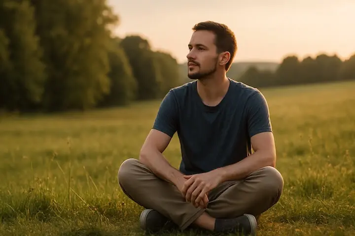 Erfolg ist kein Ziel, sondern ein Gefühl: Ein Mann sitzt im Schneidersitz auf einer Wiese und schaut in die Weite, im Hintergrund ist ein Waldrand sichtbar.